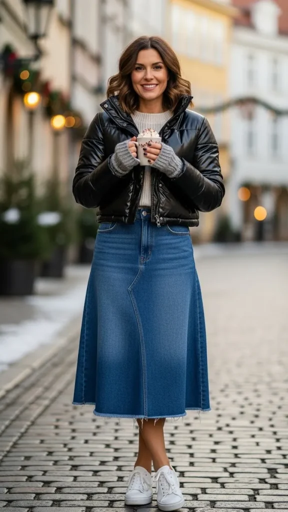 Denim Midi Skirt with Puffer Jacket