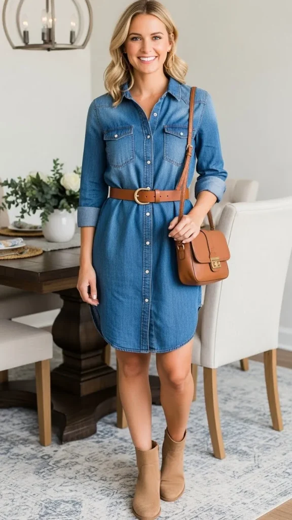 Denim Shirt Dress with a Belted Waist and Suede Boots