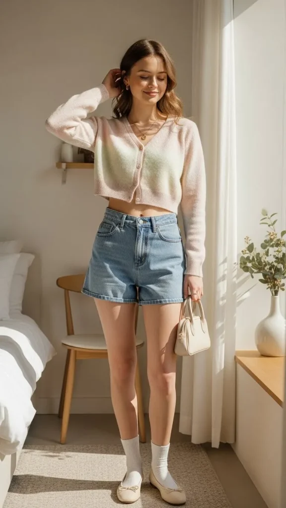Denim Shorts Outfit with Cropped Cardigan