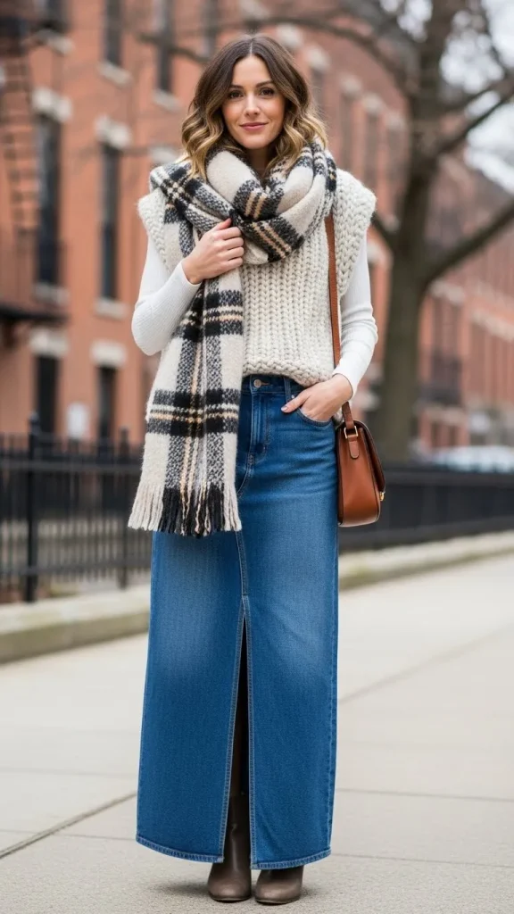 Denim Skirt with Knit Vest and Scarf
