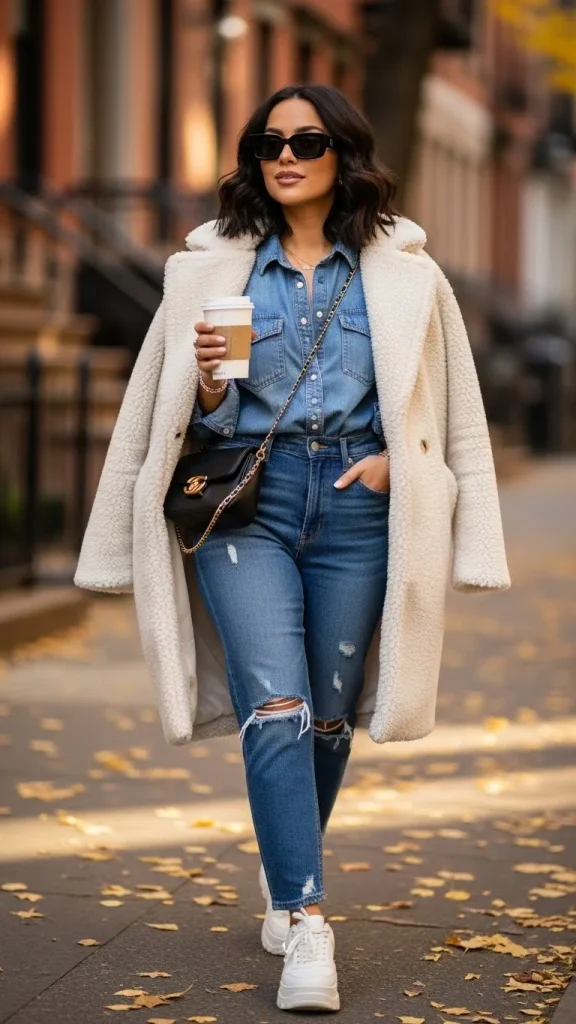 Denim on Denim Layered with Teddy Coat