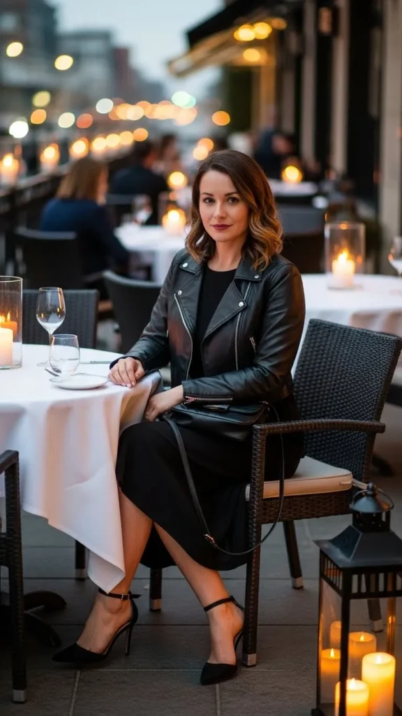 Dinner Date Outfit with Black Dress Leather Jacket