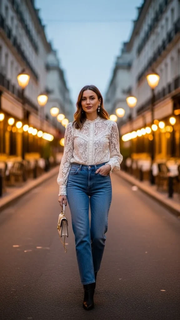 Dinner Date Outfit with Straight Leg Jeans Lace Top