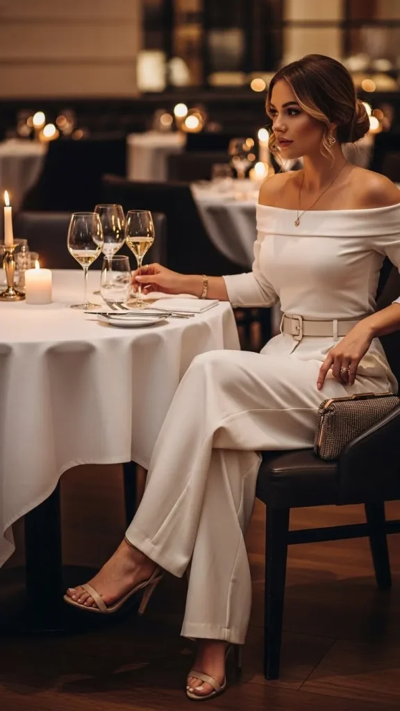 Dinner Date Outfit with Wide Leg Pants Off Shoulder Top