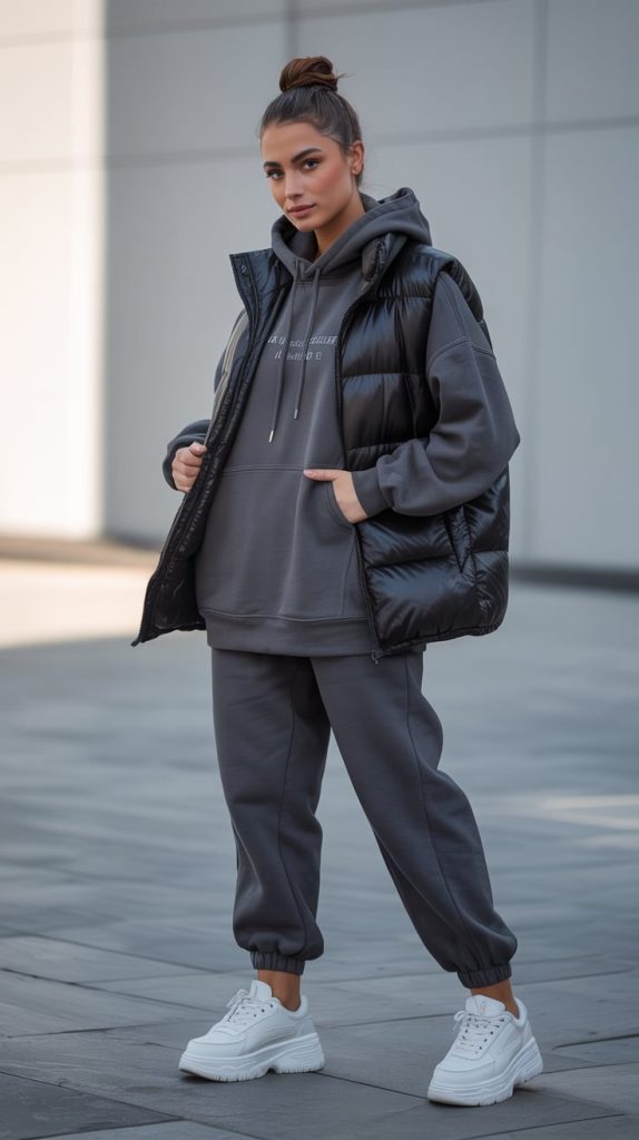 Down Vest Oversized Hoodie Joggers Platform Sneakers