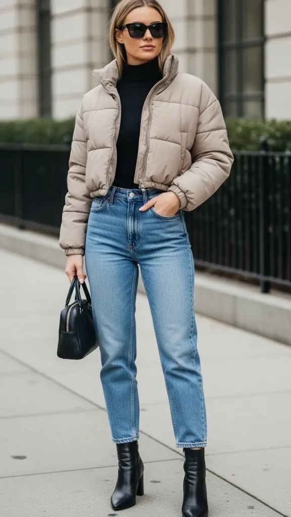 Everyday Street Style With Mom Jeans And Cropped Puffer Jacket