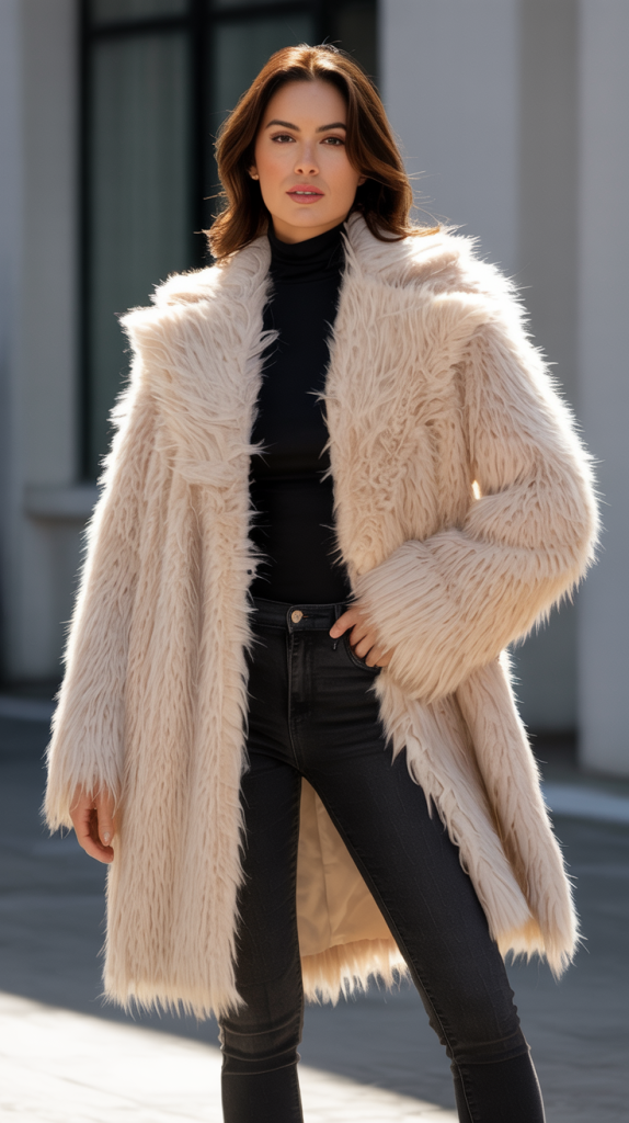 Faux Fur Coat with Skinny Jeans and Turtleneck