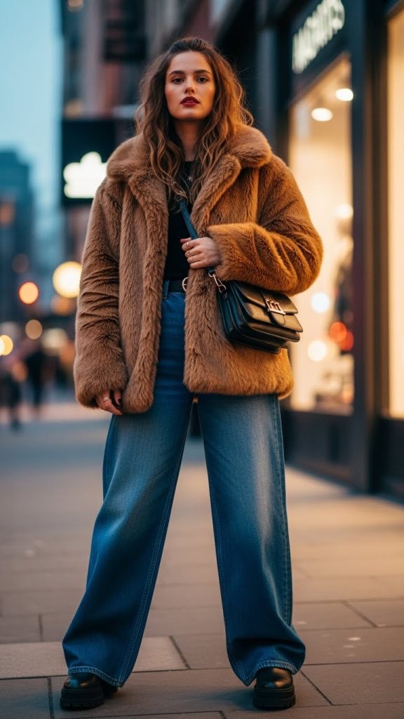Faux Fur Jacket with Wide Leg Jeans