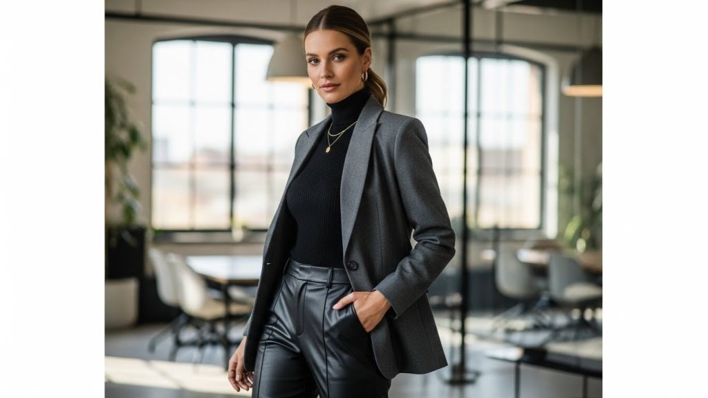 Faux Leather Pants with a Turtleneck
