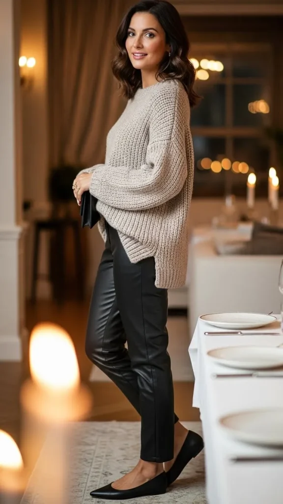 Faux Leather Pants with an Oversized Sweater and Flats