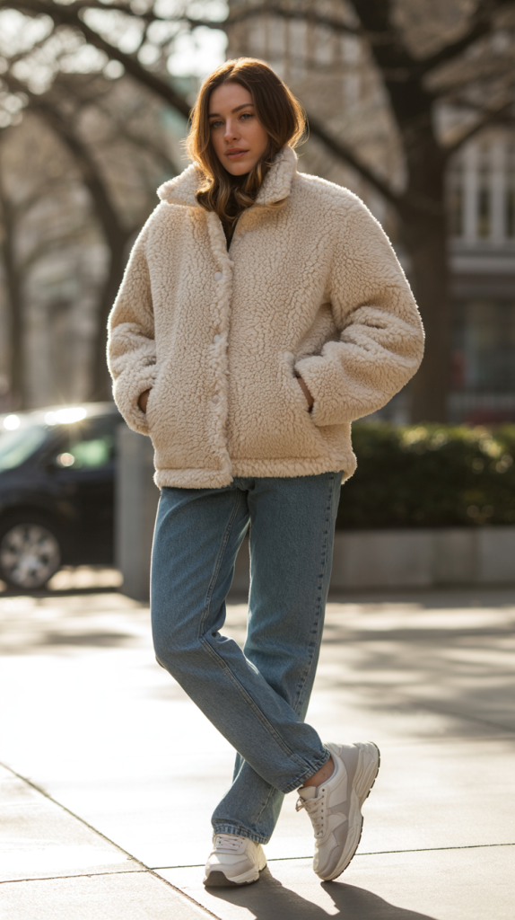 Faux Sherpa Jacket with Straight Jeans 2