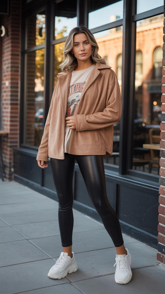 Faux Suede Shacket Graphic Tee Leather Leggings