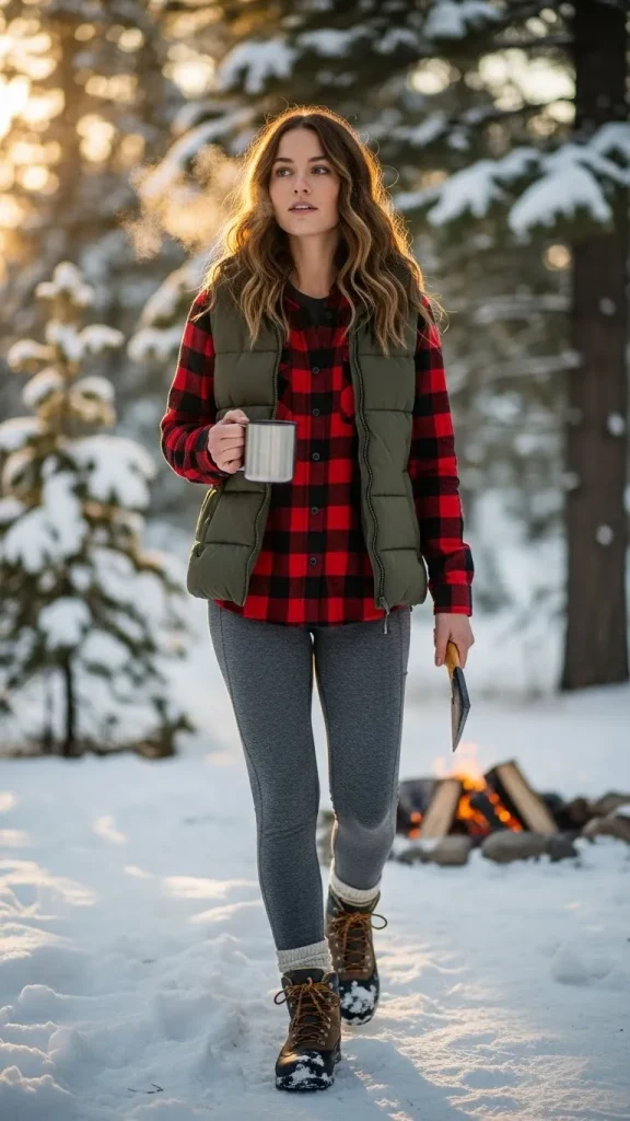 Flannel Shirt with Puffer Vest and Thermal Leggings