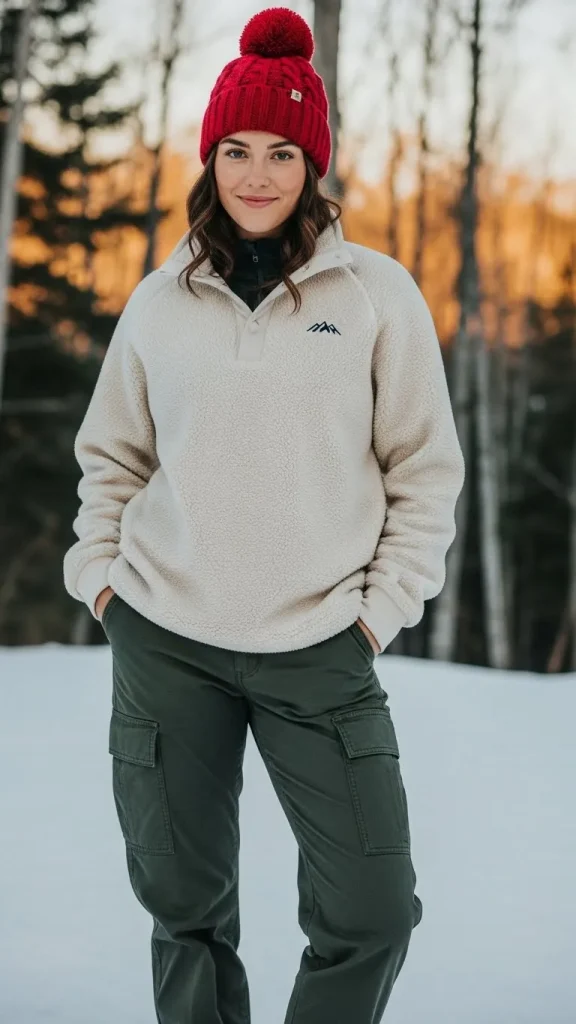 Fleece Pullover with Cargo Pants and Pom Pom Beanie