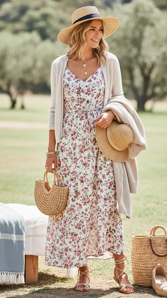 Floral Maxi Dress with a Light Cardigan and Strappy Sandals