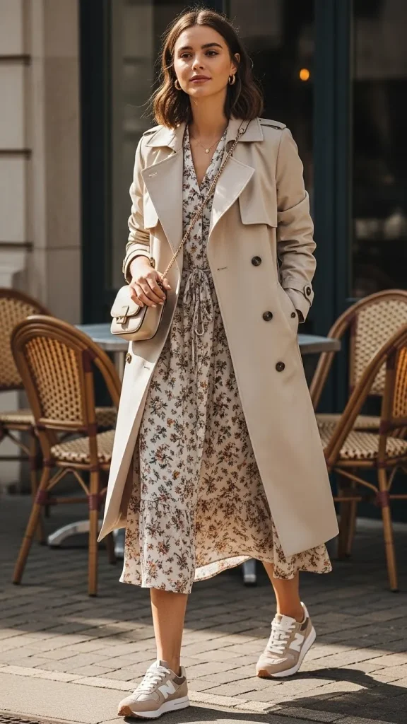 Floral Midi Dress with a Trench Coat and Neutral Sneakers