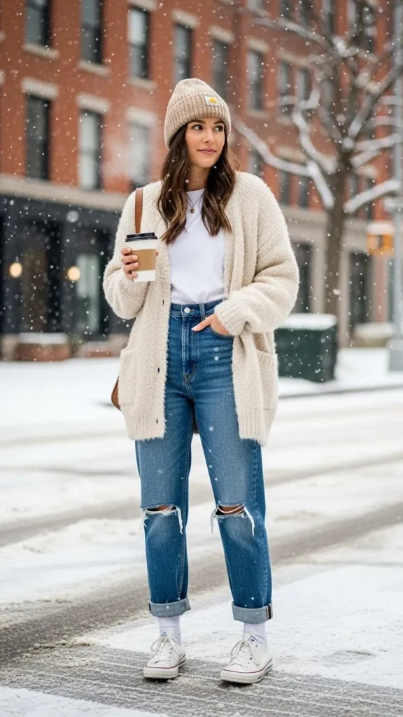 Fuzzy Cream Cardigan with High Waisted Jeans and Beanie