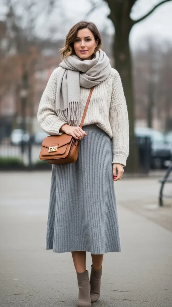 Gray Knit Skirt and Cream Sweater Duo