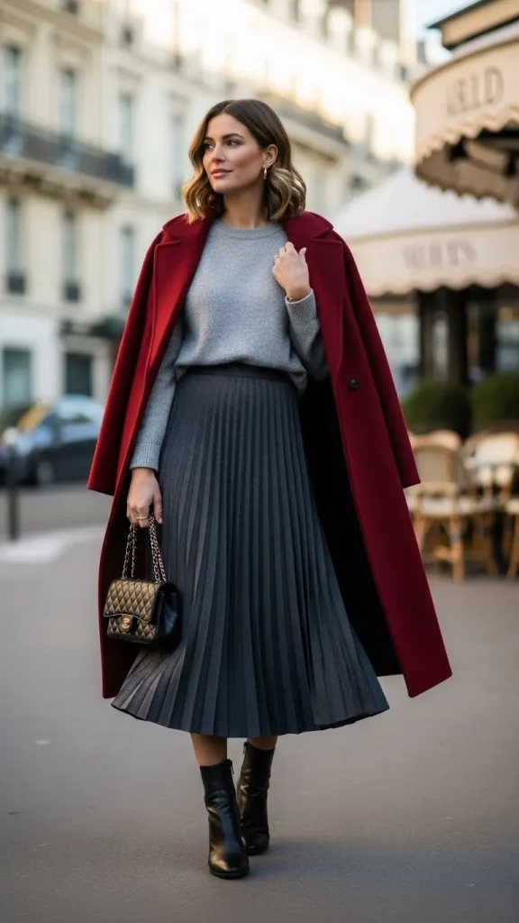 Gray Pleated Skirt with Cashmere Sweater
