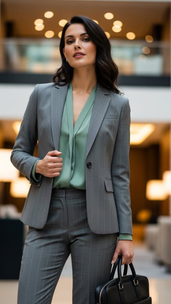 Gray Suit with a Silk Blouse