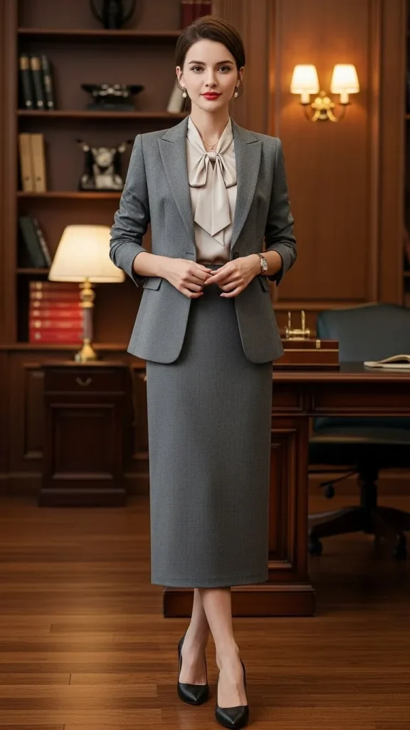 Grey Blazer with a Satin Blouse and Matching Grey Skirt