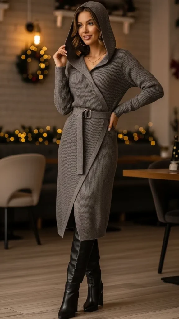 Hooded Knit Dress with Belt and Tall Boots