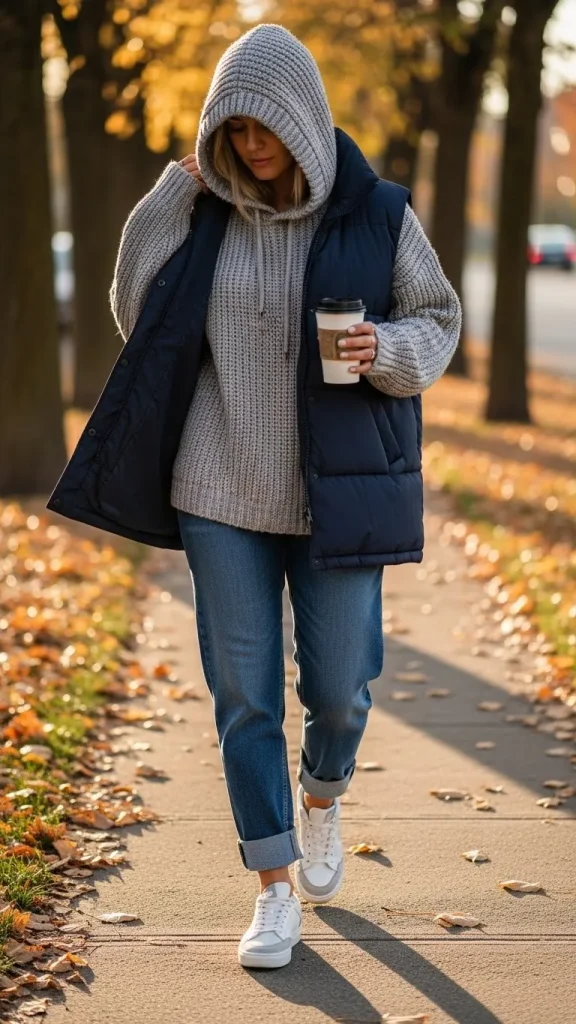 Knit Hoodie with Puffer Vest and Jeans