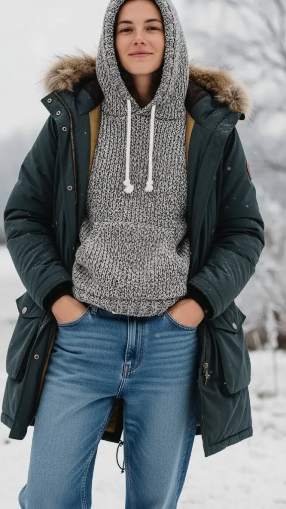 Knit Hoodie with Relaxed Jeans and Parka Coat
