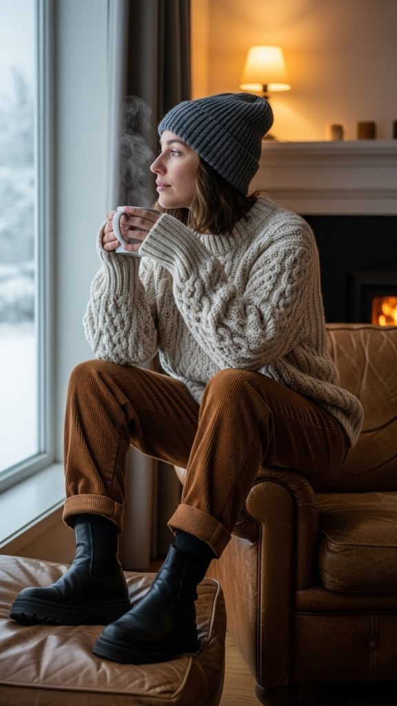 Knit Jumper with Corduroy Pants and Beanie 1