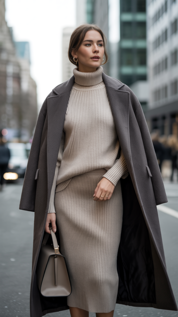 Knit Skirt Set with Oversized Coat 1