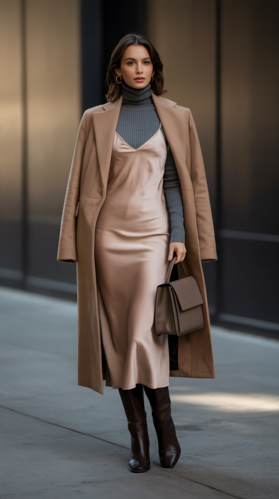 Layered Polo Neck under Slip Dress with Coat