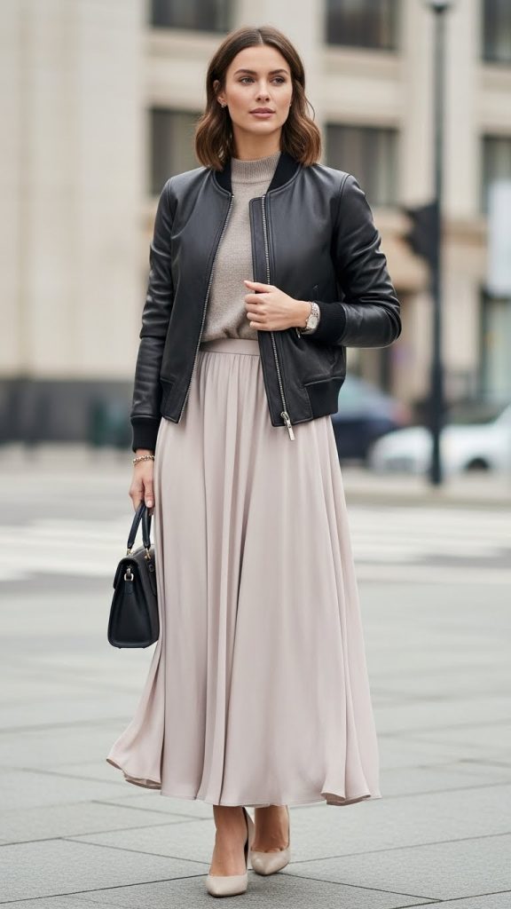 Leather Bomber Jacket Long Skirt Pumps