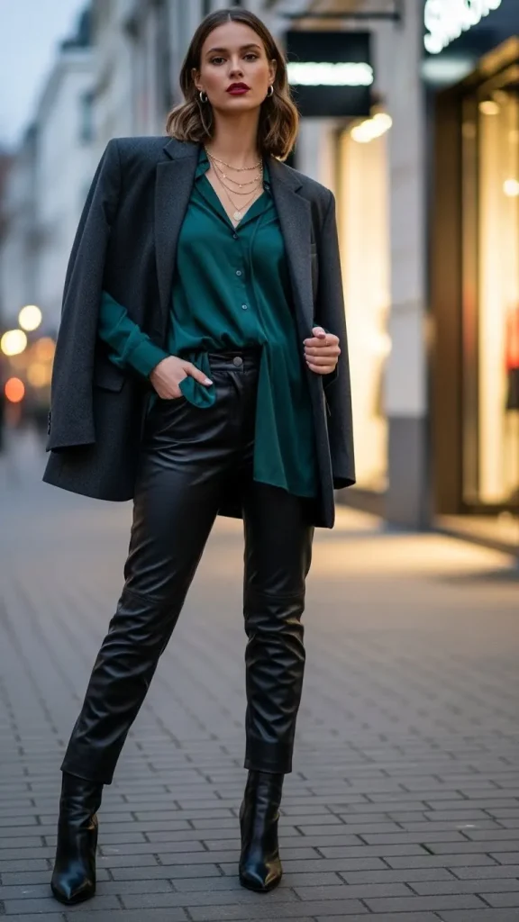 Leather Pants with Silk Blouse and Oversized Blazer