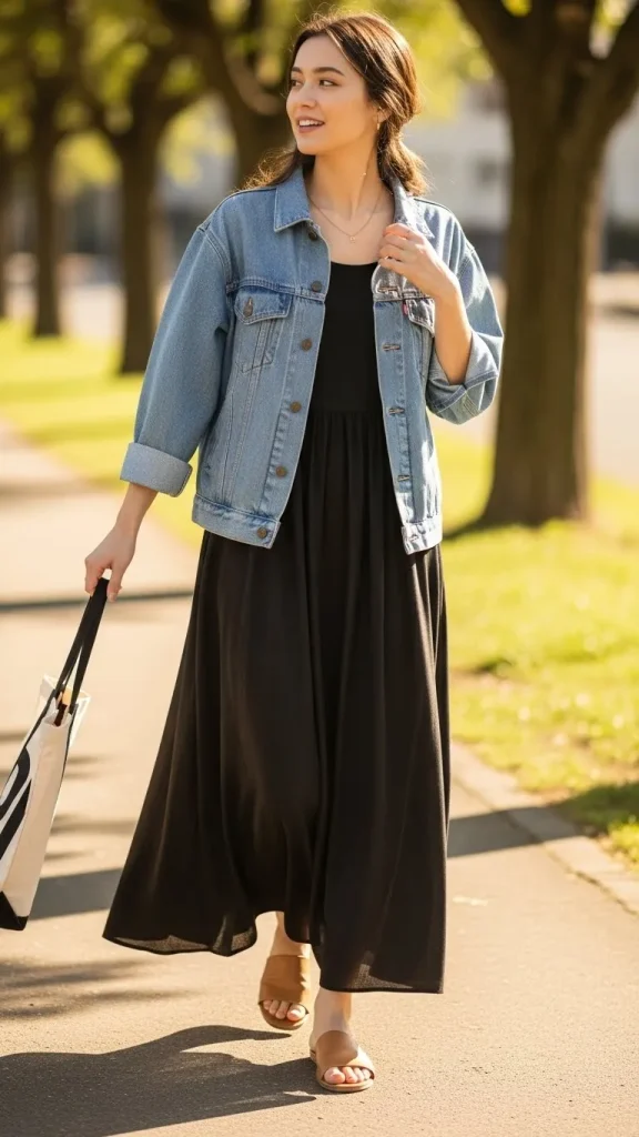 Long Black Dress Styled with a Denim Jacket and Flat Sandals