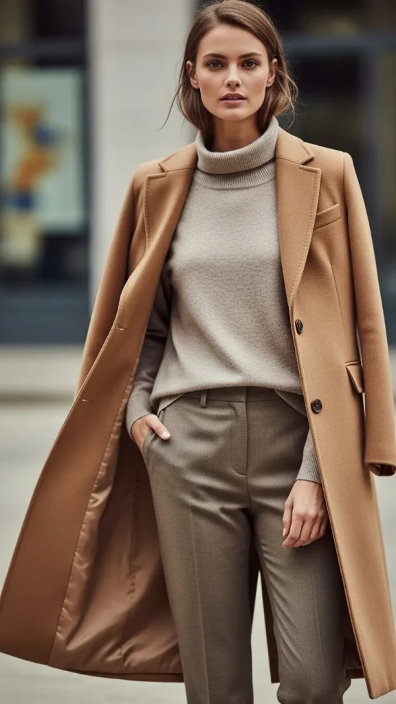 Long Camel Coat over a Turtleneck and Trousers