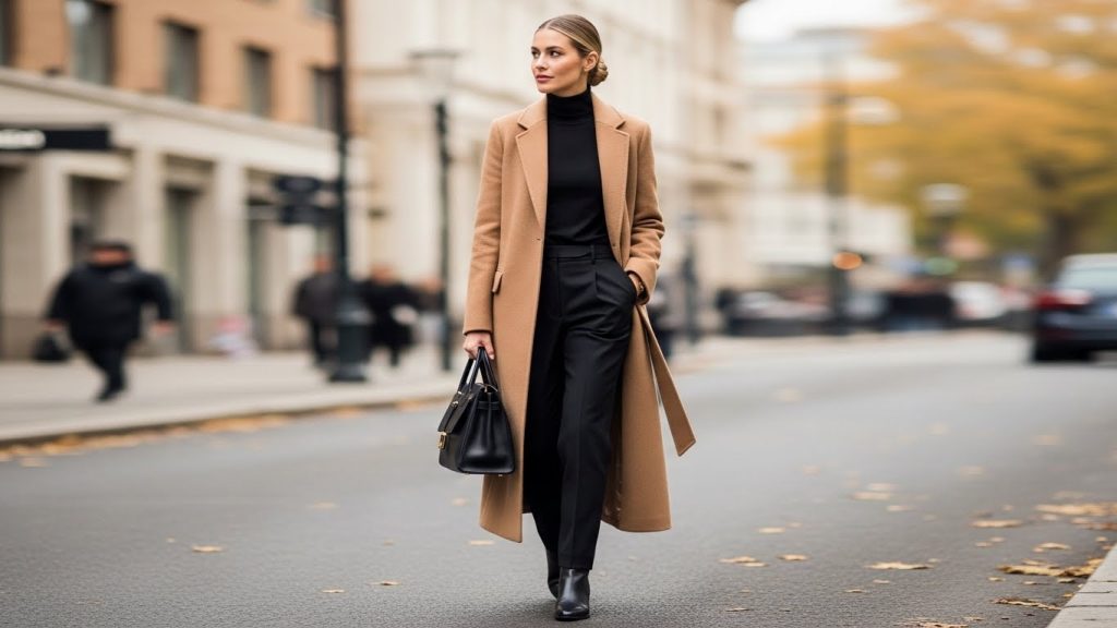 Long Camel Coat with Monochrome Base