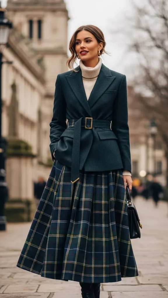 Long Plaid Skirt with Belted Blazer