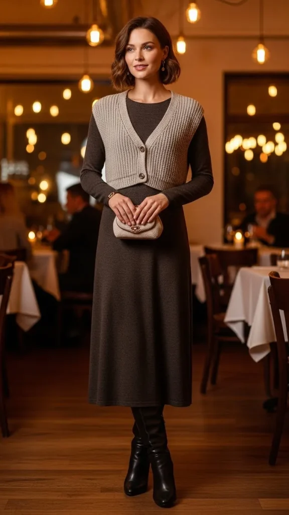 Long Sleeve Midi Dress with a Cropped Cardigan and Boots