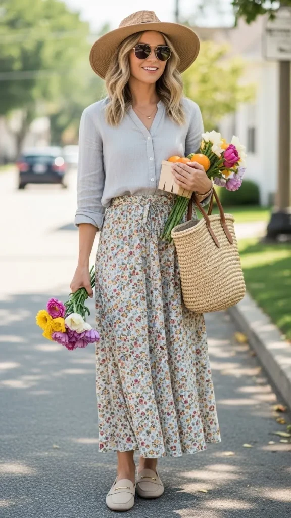 Long Spring Skirt with Linen Button Up