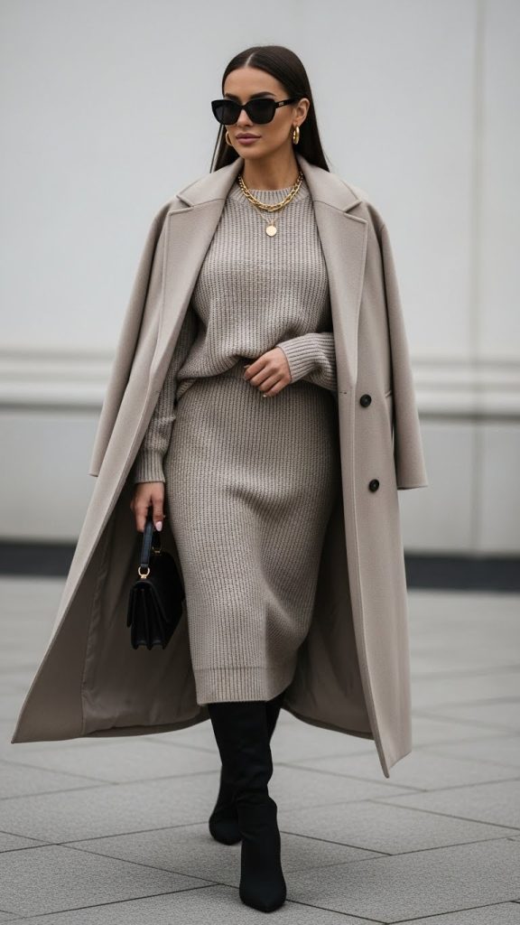 Long Wool Coat over Knit Set