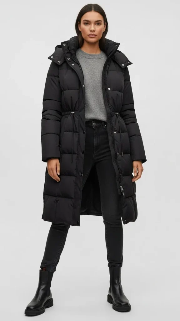 Longline Cinched Waist Puffer Jacket