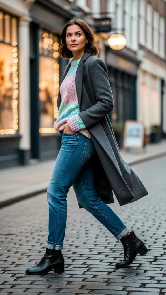 Longline Coat with Pastel Sweater and Blue Denim