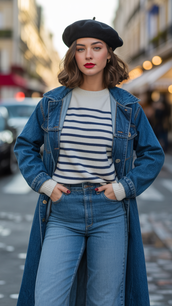 Longline Denim Coat Striped Sweater Wide Leg Jeans