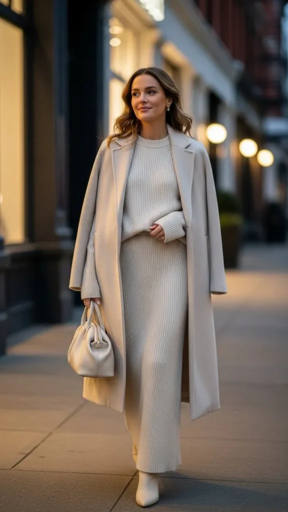 Matching Knit Set with a Long Coat and Minimal Jewelry