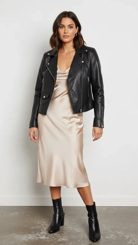 Midi Slip Dress with a Leather Jacket and Boots