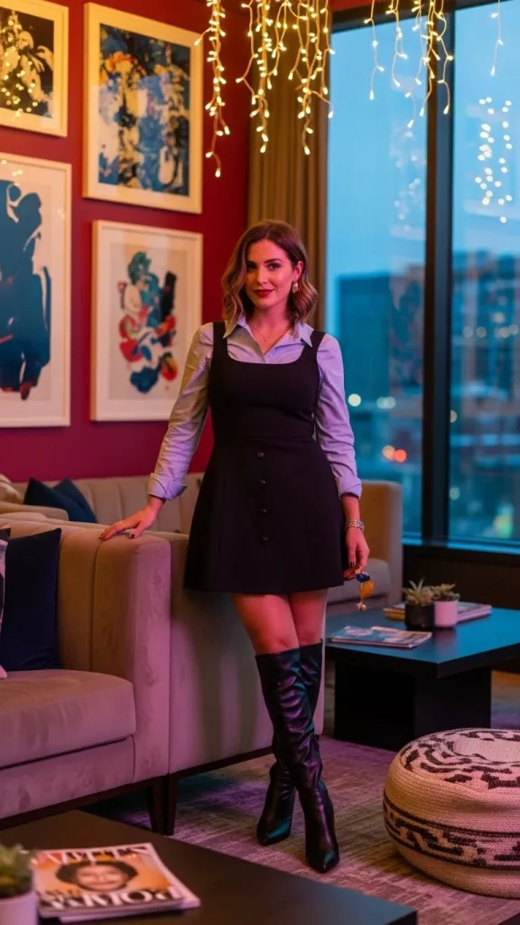 Minidress with Button-Down and Knee-High Boots