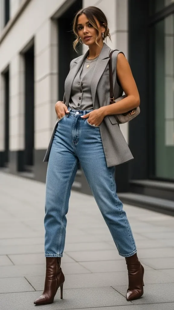 Mom Jeans Outfit With Blazer Vest And Heeled Boots
