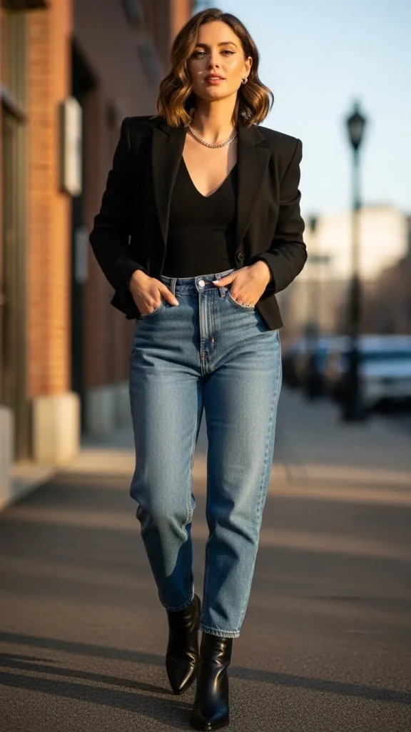 Mom Jeans Outfit With Cropped Blazer And Bodysuit 1