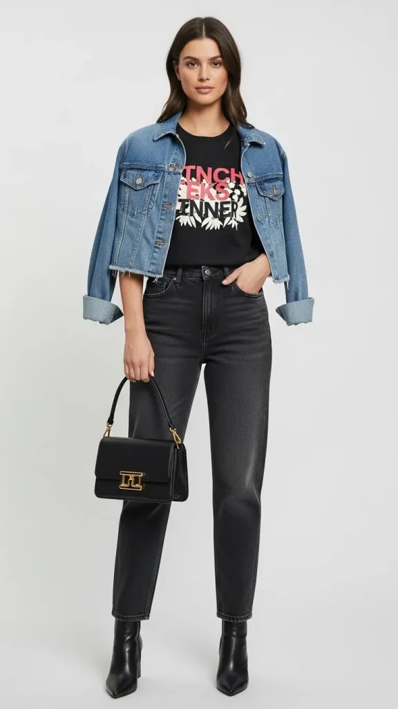Mom Jeans Outfit With Graphic Tee And Cropped Denim Jacket 1