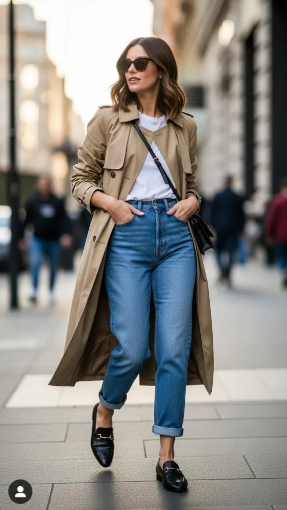 Mom Jeans Outfit With Long Trench Coat And Loafers